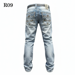 jeans for men – light blue distressed denim – cross embroidered back pocket – straight leg motorcycle jeans – western streetwear denim pants r9