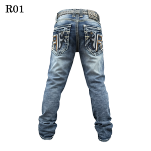jeans for men – light blue straight leg denim with bold embroidered r pockets – western cowboy rider style r1