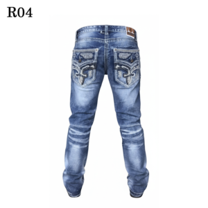 jeans for men – distressed blue denim – embroidered back pocket straight leg jeans – motorcycle riding pants – western streetwear denim r04