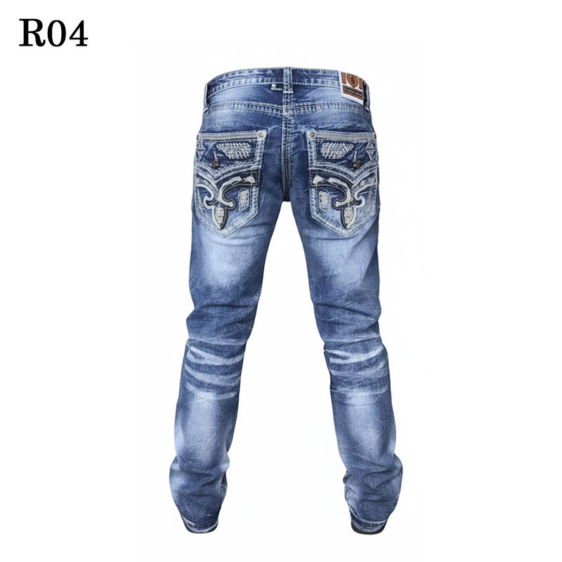 jeans for men – distressed blue denim – embroidered back pocket straight leg jeans – motorcycle riding pants – western streetwear denim r04 jeans for men – distressed blue denim – embroidered back pocket straight leg jeans – motorcycle riding pants – western streetwear denim r04