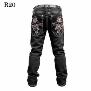jeans for men – black distressed denim – longhorn skull embroidered back pocket – red stitch straight leg motorcycle jeans – western streetwear denim r20