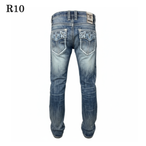 jeans for men – dark blue distressed denim – tribal embroidered studded back pocket – straight leg motorcycle jeans – western streetwear denim pants r10