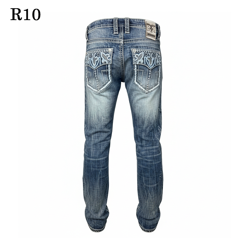 jeans for men – dark blue distressed denim – tribal embroidered studded back pocket – straight leg motorcycle jeans – western streetwear denim pants r10 jeans for men – dark blue distressed denim – tribal embroidered studded back pocket – straight leg motorcycle jeans – western streetwear denim pants r10