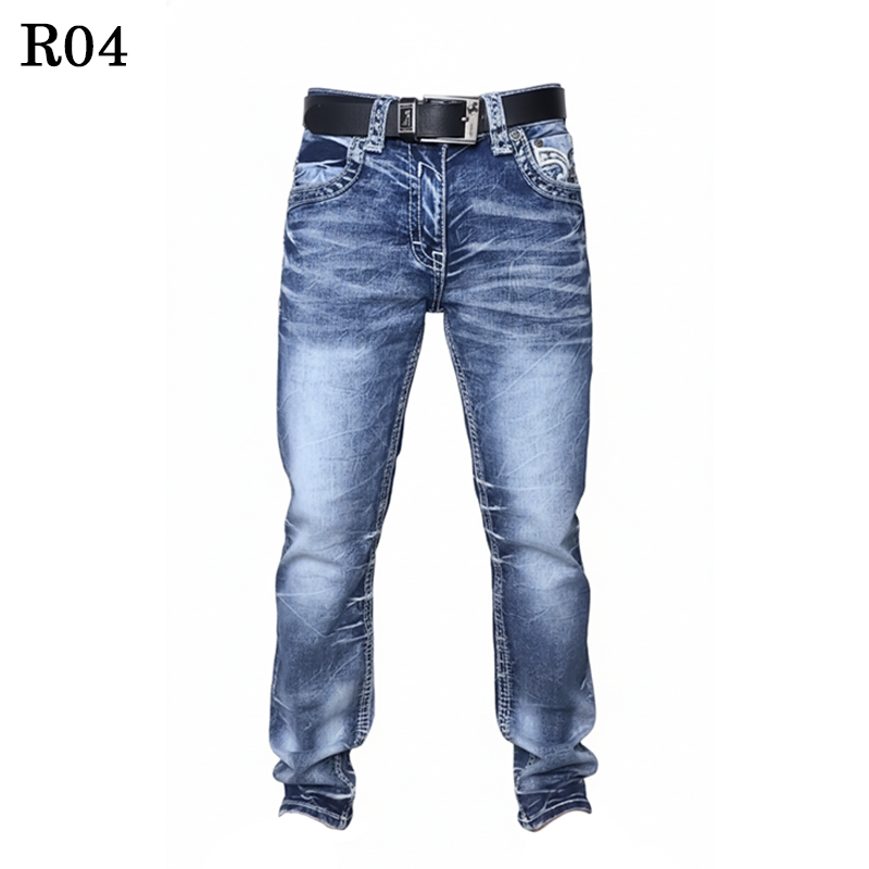 jeans for men – distressed blue denim – embroidered back pocket straight leg jeans – motorcycle riding pants – western streetwear denim r04 jeans for men – distressed blue denim – embroidered back pocket straight leg jeans – motorcycle riding pants – western streetwear denim r04