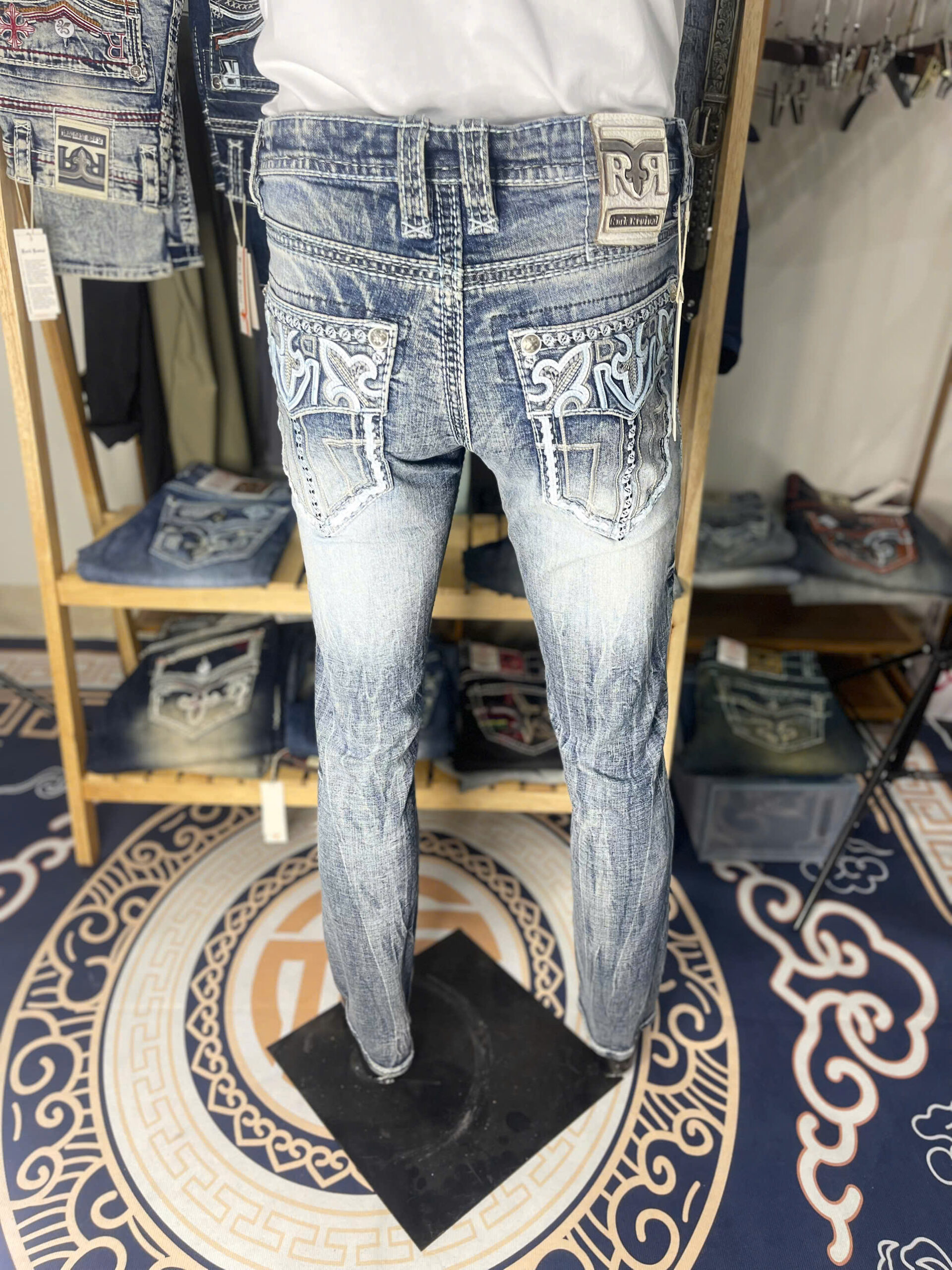 "rock revival biker jeans for men – dark blue distressed denim – tribal embroidered studded back pocket – straight leg motorcycle jeans – western streetwear denim pants r10 "rock revival biker jeans for men – dark blue distressed denim – tribal embroidered studded back pocket – straight leg motorcycle jeans – western streetwear denim pants r10
